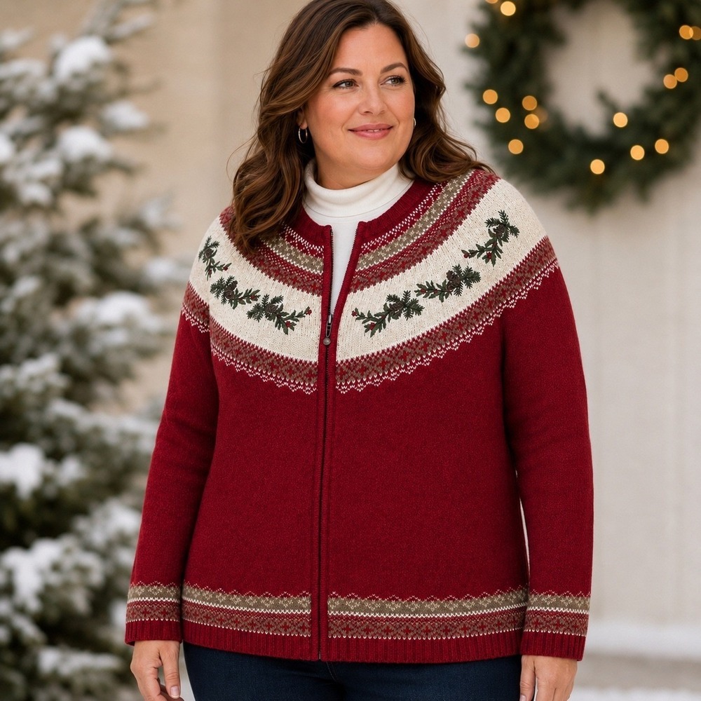 Croft & Barrow Full Zip Sweater XL Red Fair Isle Xmas Pinecone Holly Cottagecore